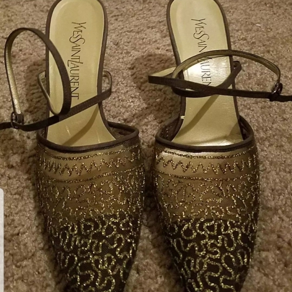 Yves Saint Laurent Gold and Brown Embellished Mules